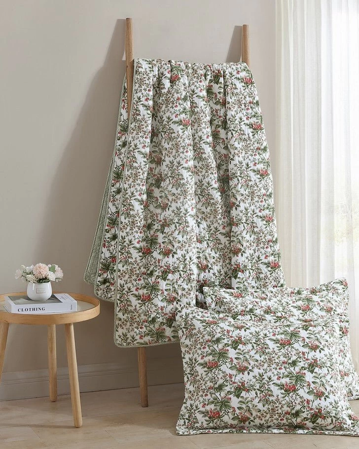 Bramble Floral Green Cotton Reversible Quilt Set - Image 12