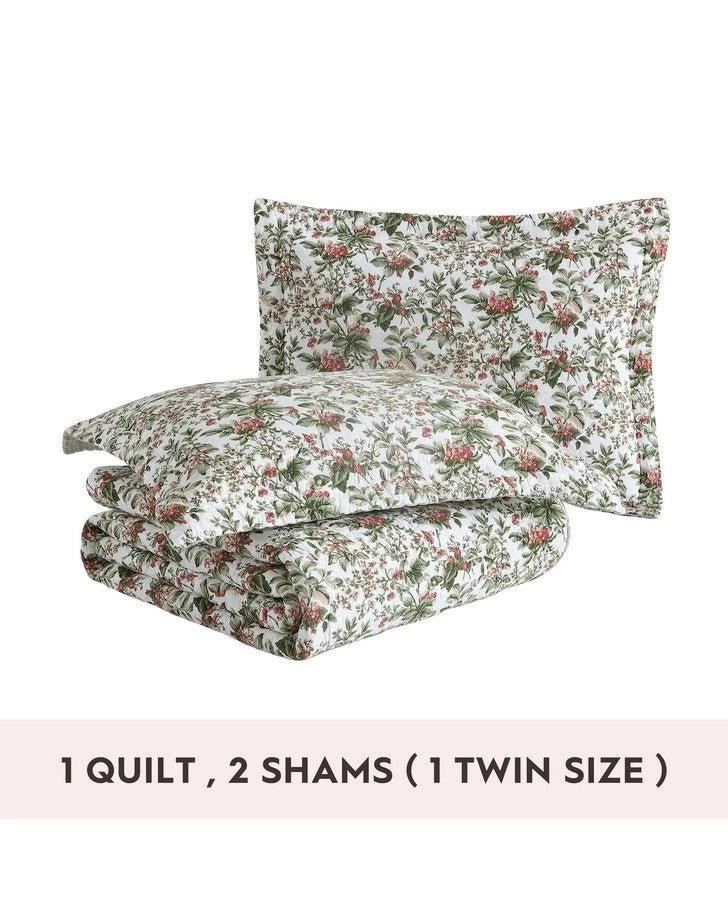Bramble Floral Green Cotton Reversible Quilt Set - Image 8