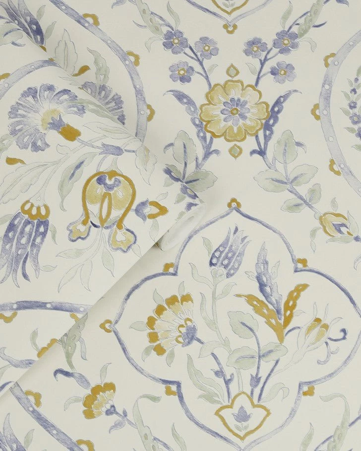 Foscot Damask Pale Ochre YellowWallpaper Sample - Image 3