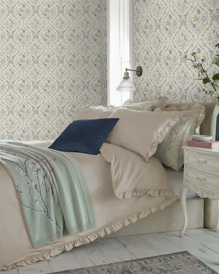 Foscot Damask Pale Ochre YellowWallpaper Sample - Image 4