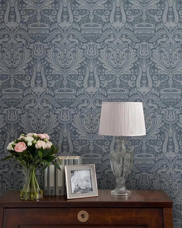 Heraldic Damask Dusky Seaspray Wallpaper Sample - Image 2