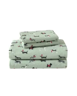Holiday Pups Green Cotton Flannel Sheet Set