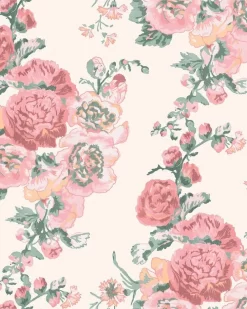 Hollyhocks Coral Pink Wallpaper Sample