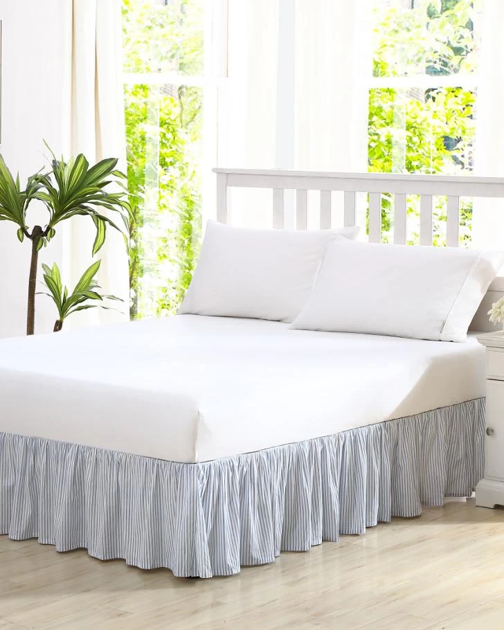 Ticking Stripe Blue Ruffled Bed Skirt - Image 4