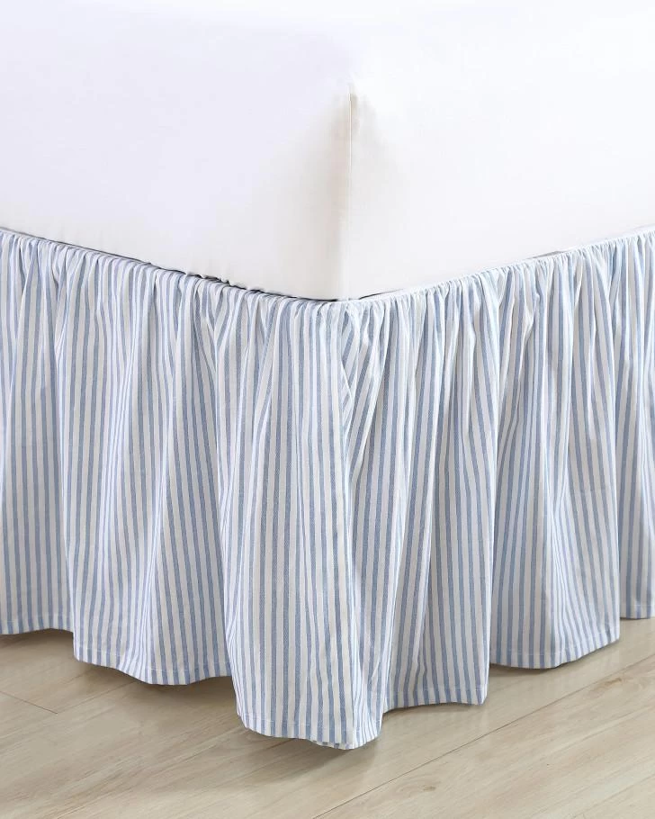 Ticking Stripe Blue Ruffled Bed Skirt