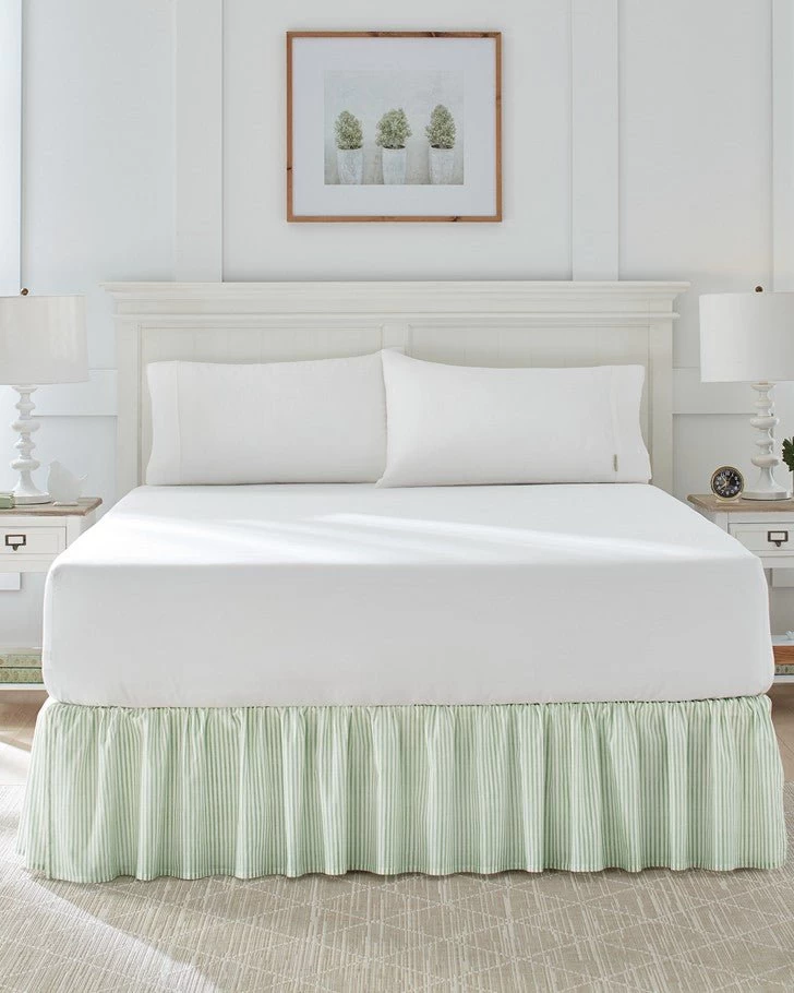 Ticking Stripe Green Ruffled Bed Skirt - Image 4