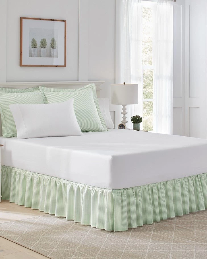Ticking Stripe Green Ruffled Bed Skirt - Image 2